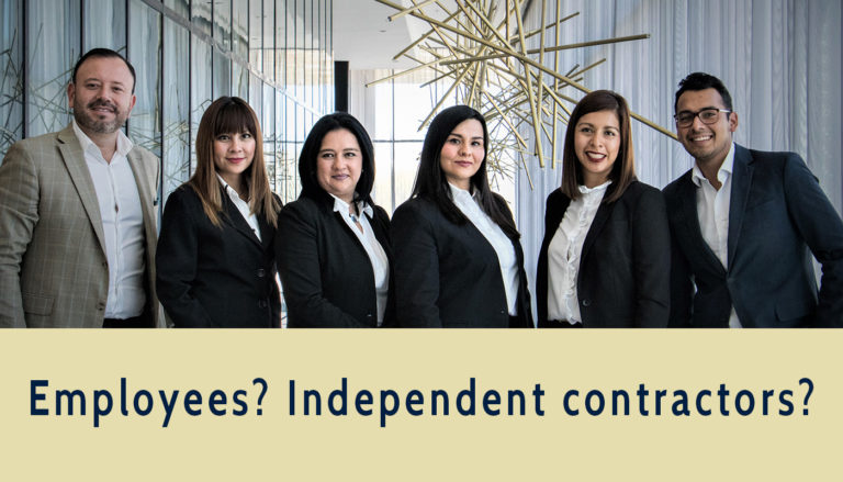 A lineup of business professionals posing in a lobby